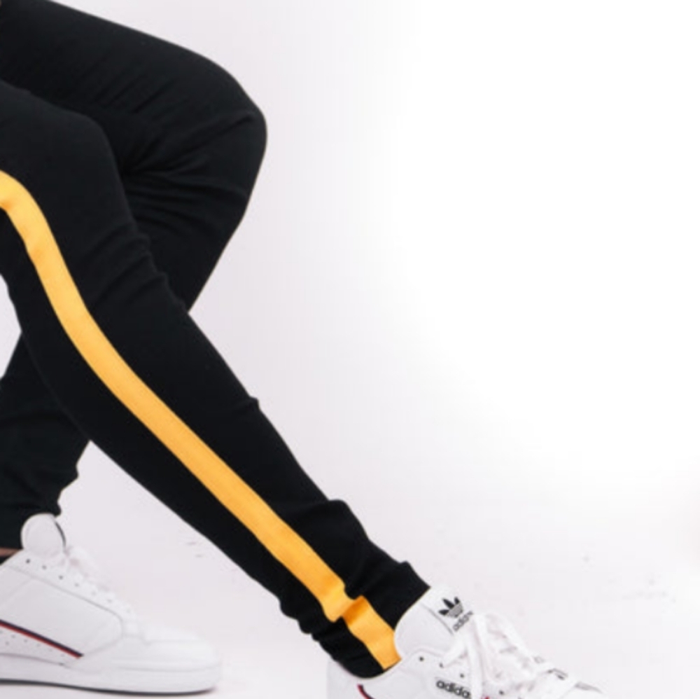 Black + Yellow Stripe, 5 Pckt, Skinny Jeans w stretch. Sz 28.